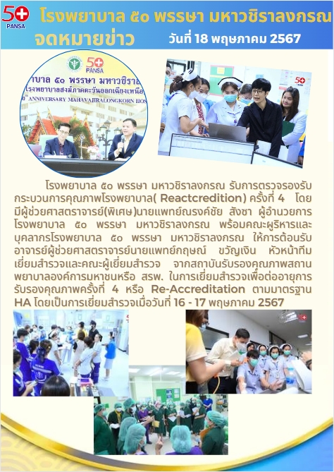 โรงพยาบาล ๕๐ พรรษา มหาวชิราลงกรณ รับการตรวจรองรับกระบวนการคุณภาพโรงพยาบาล( Reactcredition) ครั้งที่ 4